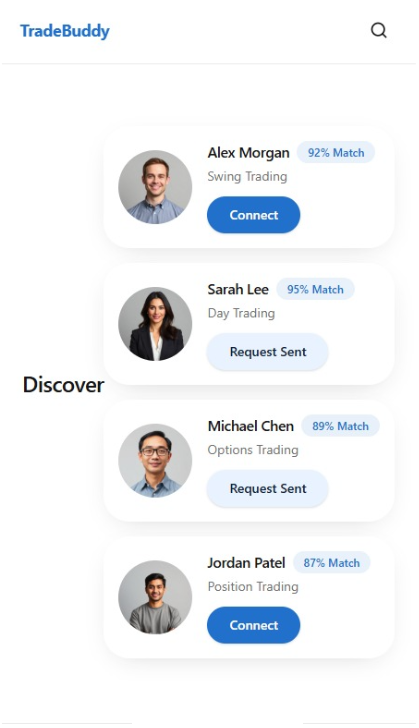 TradeBuddy Discover screen showing compatible traders and match percentages
